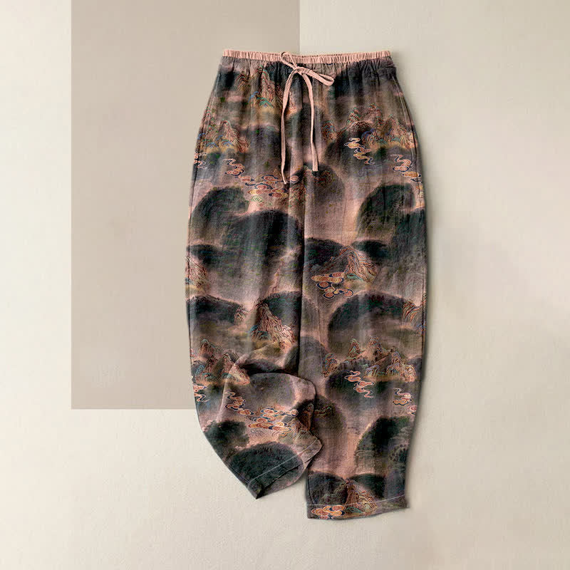 Nimara Ritual Pure Cotton Mountain Pattern Women's Elastic Waist Pants With Pockets