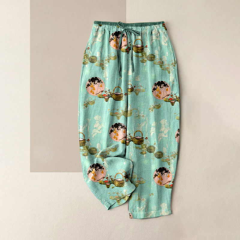 Nimara Ritual Pure Cotton Oriental Floral Basket Pattern Women's Elastic Waist Pants With Pockets