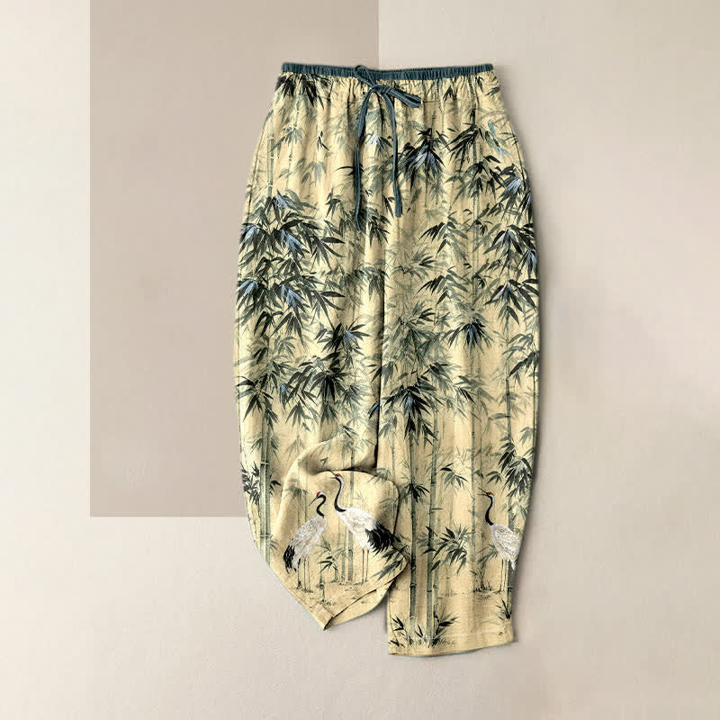 Nimara Ritual Pure Cotton Oriental Bamboo Crane Pattern Women's Elastic Waist Pants With Pockets