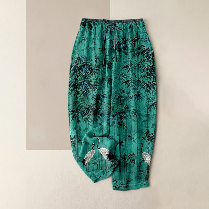 Nimara Ritual Pure Cotton Oriental Bamboo Crane Pattern Women's Elastic Waist Pants With Pockets