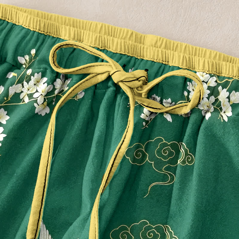 Nimara Ritual Pure Cotton Flying Crane Floral Pattern Women's Elastic Waist Pants With Pockets