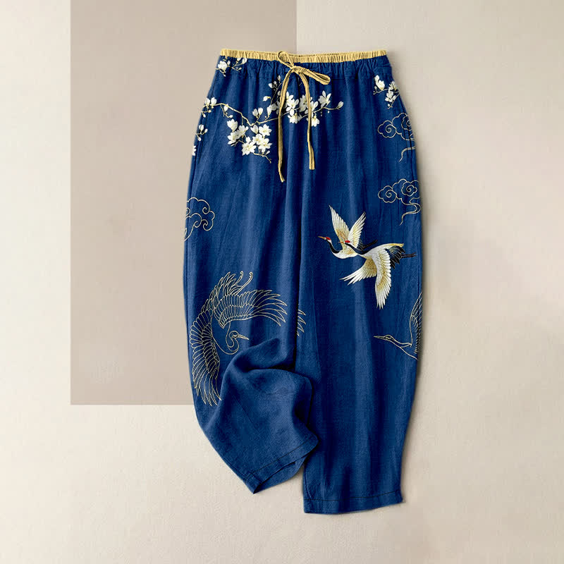 Nimara Ritual Pure Cotton Flying Crane Floral Pattern Women's Elastic Waist Pants With Pockets