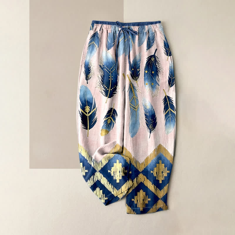 Nimara Ritual Pure Cotton Navy Feather And Gold Border Pattern Women's Elastic Waist Pants With Pockets