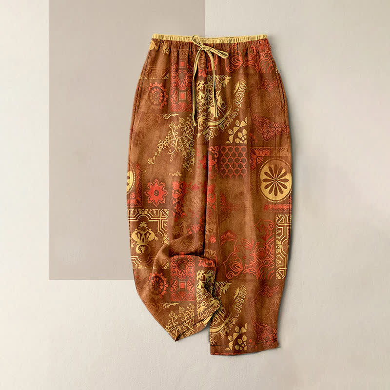 Nimara Ritual Cotton Floral Pattern Women's Elastic Waist Pants With Pockets
