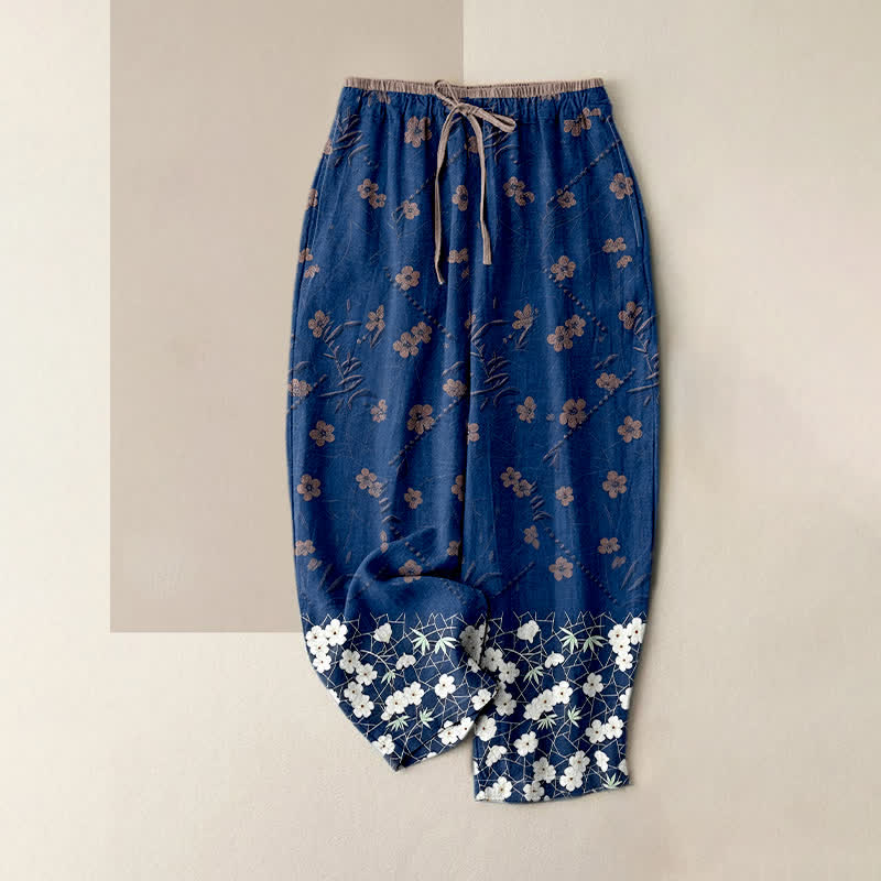 Nimara Ritual Pure Cotton Floral Pattern Women's Elastic Waist Pants With Pockets