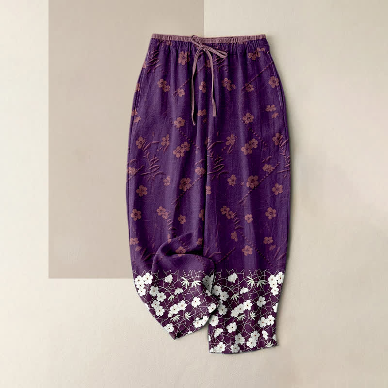 Nimara Ritual Pure Cotton Floral Pattern Women's Elastic Waist Pants With Pockets