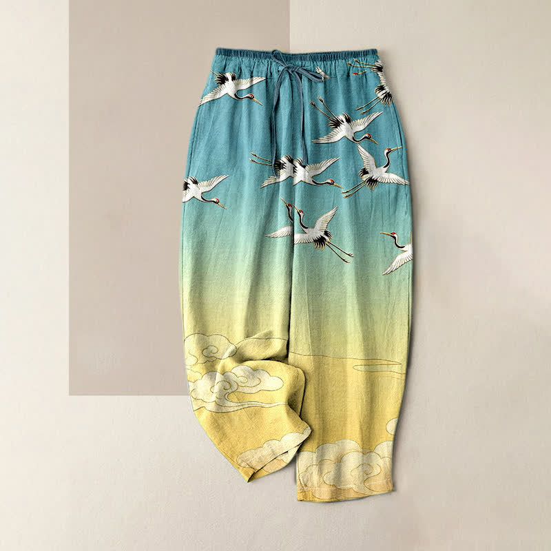 Nimara Ritual Pure Cotton Flying Crane Cloud Gradient Pattern Women's Elastic Waist Pants With Pockets