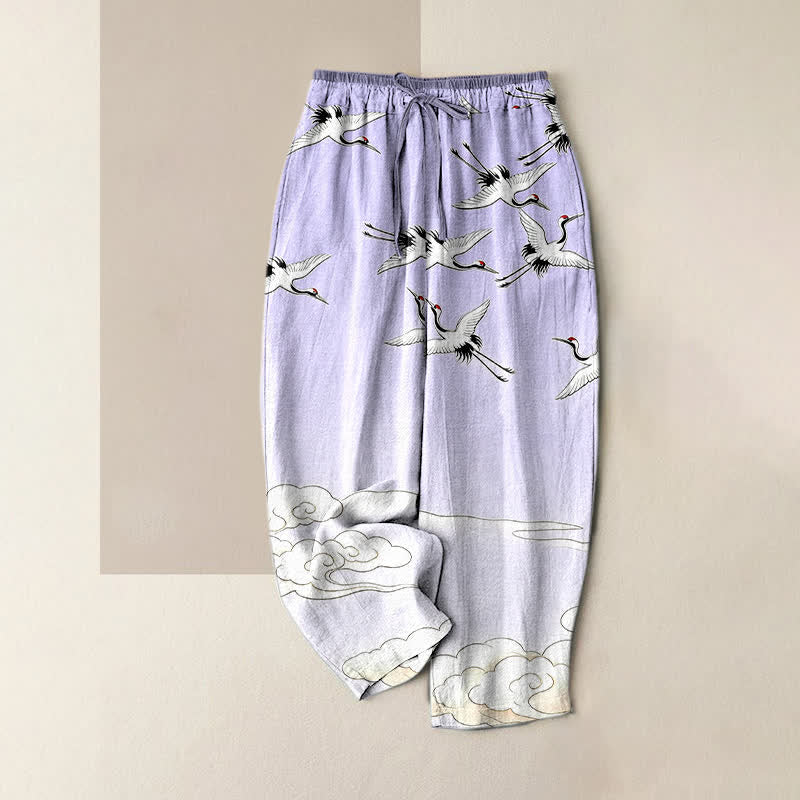 Nimara Ritual Pure Cotton Flying Crane Cloud Gradient Pattern Women's Elastic Waist Pants With Pockets