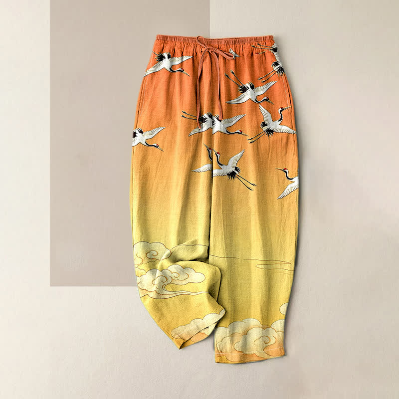 Nimara Ritual Pure Cotton Flying Crane Cloud Gradient Pattern Women's Elastic Waist Pants With Pockets