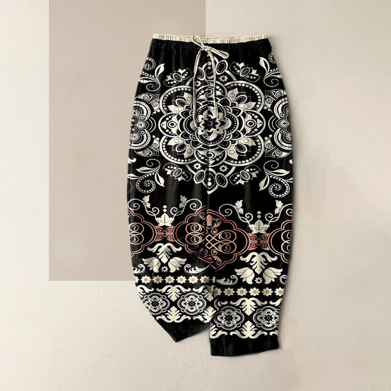 Nimara Ritual Pure Cotton Mandala Pattern Women's Elastic Waist Pants With Pockets