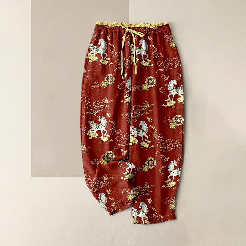 Nimara Ritual Pure Cotton Equestrian Cloud Floral Pattern Women's Elastic Waist Pants With Pockets