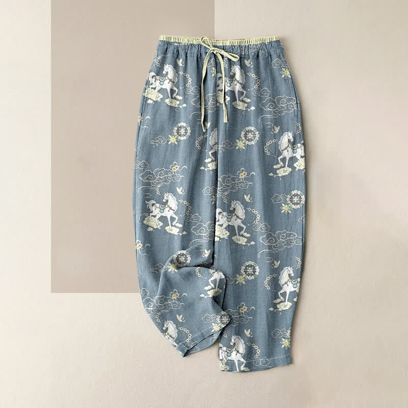 Nimara Ritual Pure Cotton Equestrian Cloud Floral Pattern Women's Elastic Waist Pants With Pockets