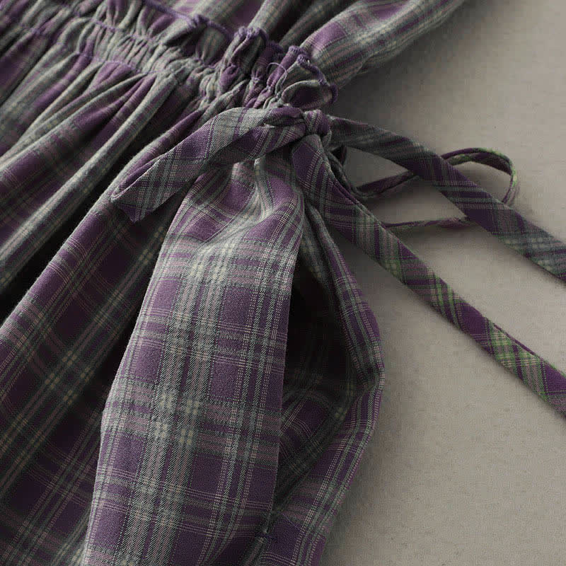 Nimara Ritual Summer Vintage Drawstring Waist Button-Up Plaid Cotton Women's Sleeveless Dress With Pockets