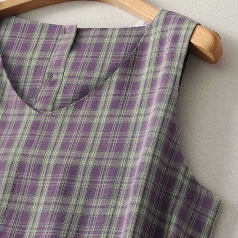 Nimara Ritual Summer Vintage Drawstring Waist Button-Up Plaid Cotton Women's Sleeveless Dress With Pockets