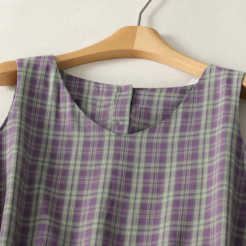 Nimara Ritual Summer Vintage Drawstring Waist Button-Up Plaid Cotton Women's Sleeveless Dress With Pockets