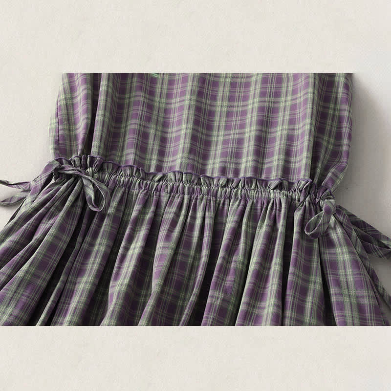 Nimara Ritual Summer Vintage Drawstring Waist Button-Up Plaid Cotton Women's Sleeveless Dress With Pockets