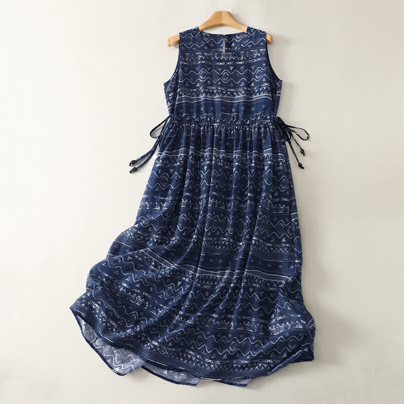 Nimara Ritual Summer Boho Drawstring Ethnic Print Women's Summer Sleeveless Dress With Pockets
