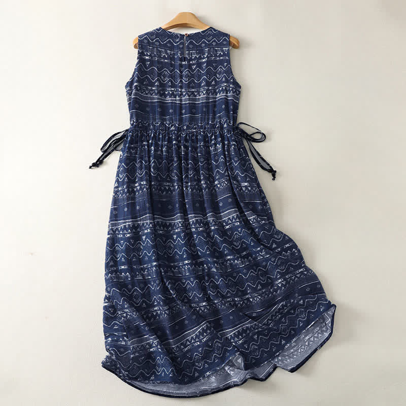 Nimara Ritual Summer Boho Drawstring Ethnic Print Women's Summer Sleeveless Dress With Pockets