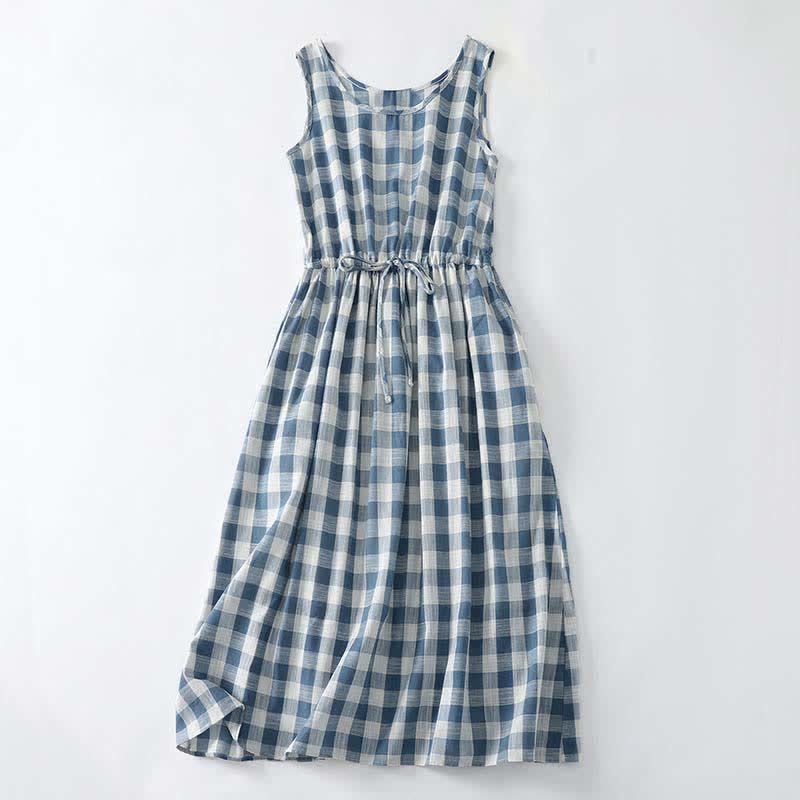 Nimara Ritual Summer Casual Drawstring Blue White Gingham Women's Summer Sleeveless Dress With Pockets