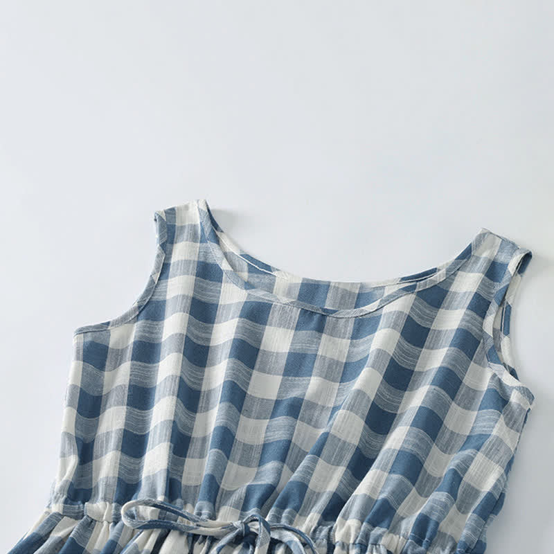 Nimara Ritual Summer Casual Drawstring Blue White Gingham Women's Summer Sleeveless Dress With Pockets