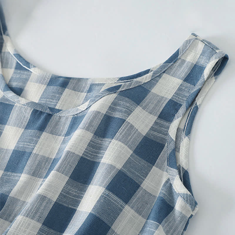 Nimara Ritual Summer Casual Drawstring Blue White Gingham Women's Summer Sleeveless Dress With Pockets