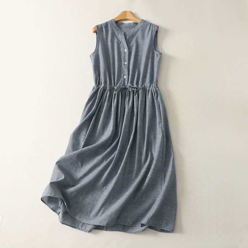 Nimara Ritual Summer Minimalist Button-Up Drawstring Striped Women's Sleeveless Dress