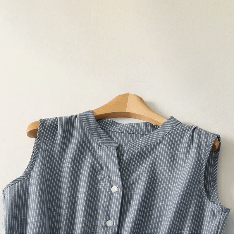 Nimara Ritual Summer Minimalist Button-Up Drawstring Striped Women's Sleeveless Dress