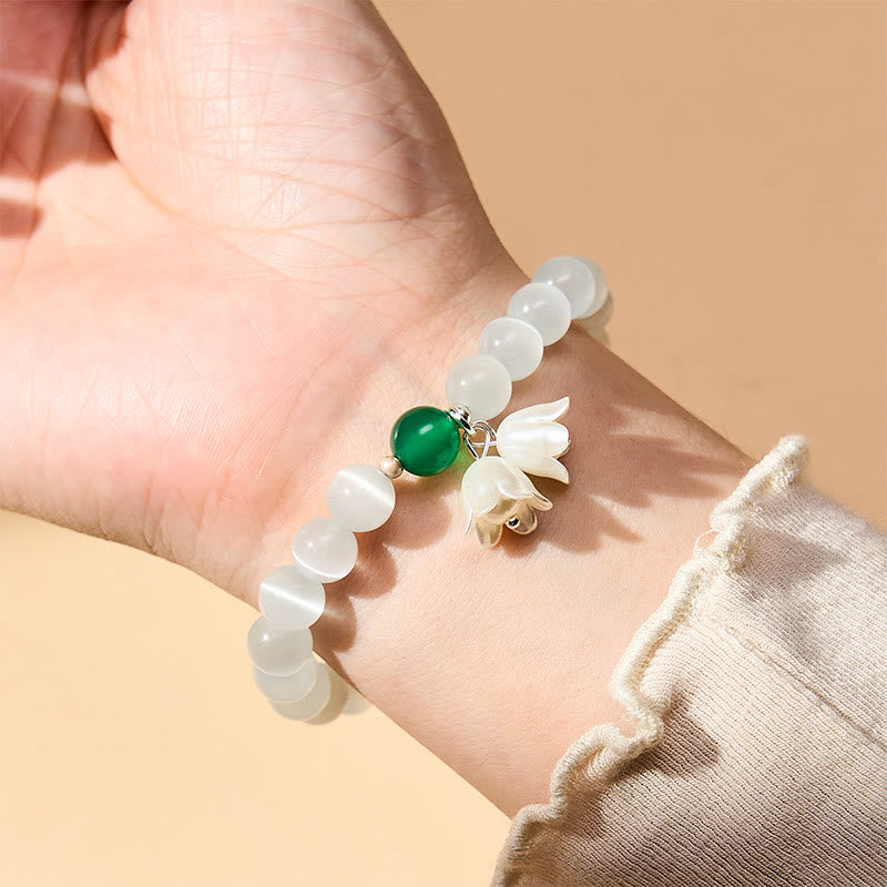 Nimara Ritual 8mm White Cat's Eye Round Beads Lily of the Valley Flowers Positive Bracelet