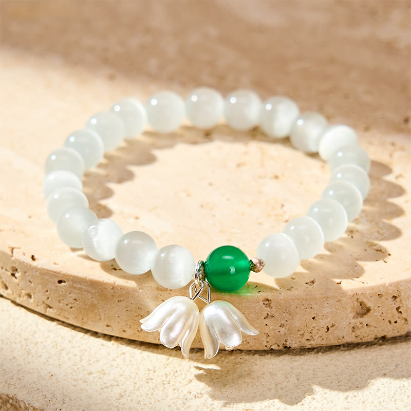 Nimara Ritual 8mm White Cat's Eye Round Beads Lily of the Valley Flowers Positive Bracelet