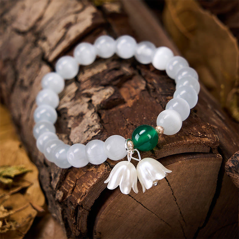 Nimara Ritual 8mm White Cat's Eye Round Beads Lily of the Valley Flowers Positive Bracelet