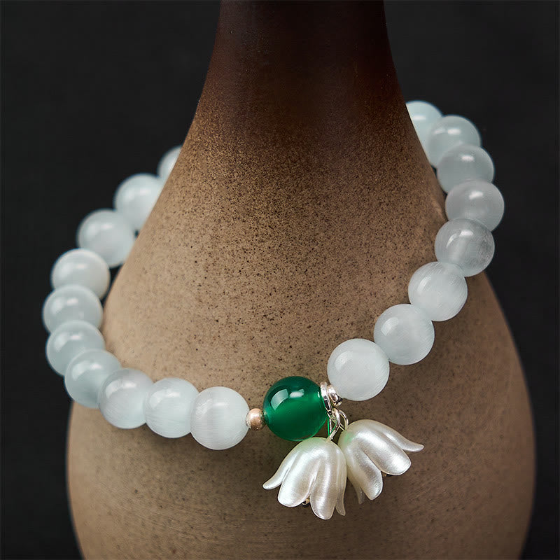Nimara Ritual 8mm White Cat's Eye Round Beads Lily of the Valley Flowers Positive Bracelet