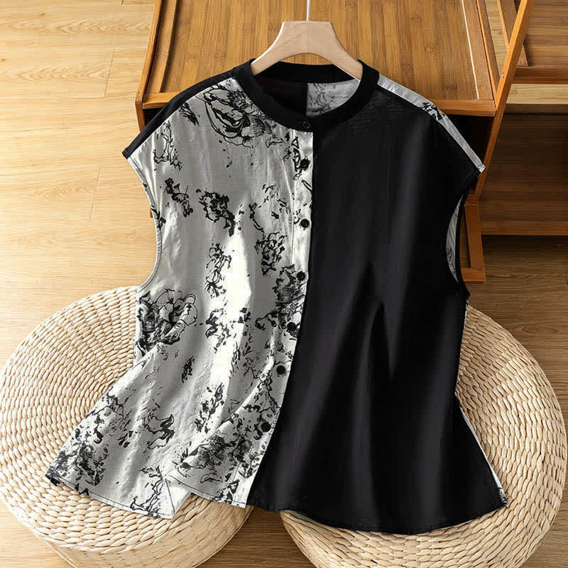 Nimara Ritual Summer Minimalist Mandarin Collar Asymmetric Floral Print Women's Sleeveless Shirts