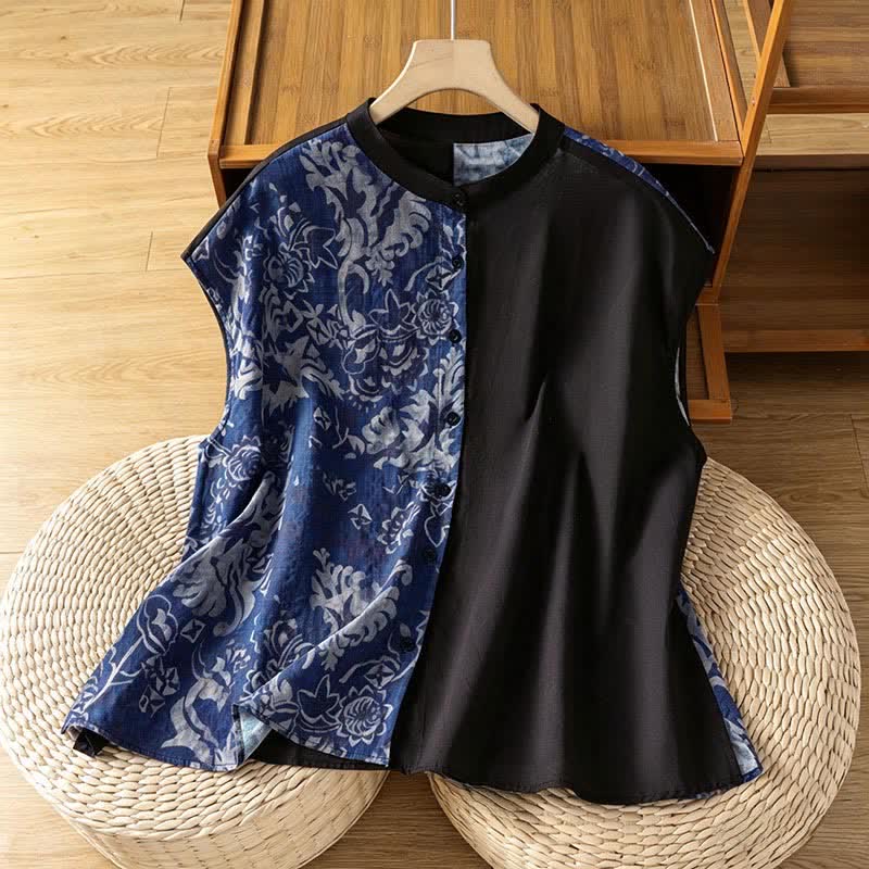 Nimara Ritual Summer Minimalist Mandarin Collar Asymmetric Floral Print Women's Sleeveless Shirts