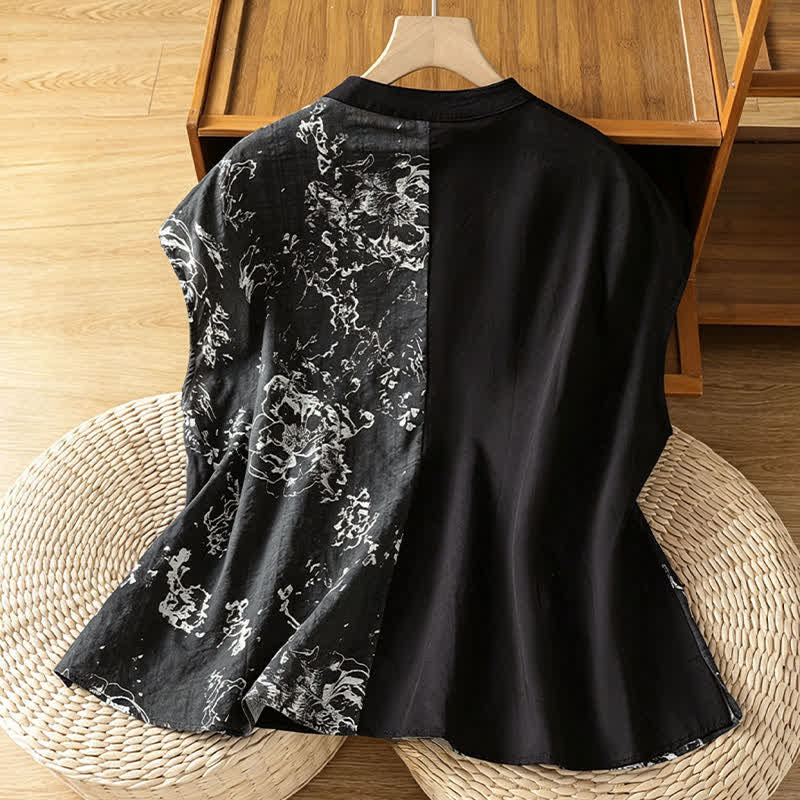 Nimara Ritual Summer Minimalist Mandarin Collar Asymmetric Floral Print Women's Sleeveless Shirts