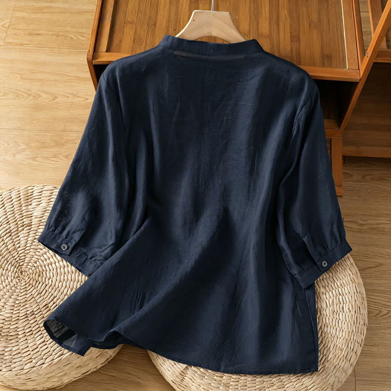Nimara Ritual Spring Vintage Embroidered Feather Mandarin Collar Solid Women's Short Sleeve Shirt