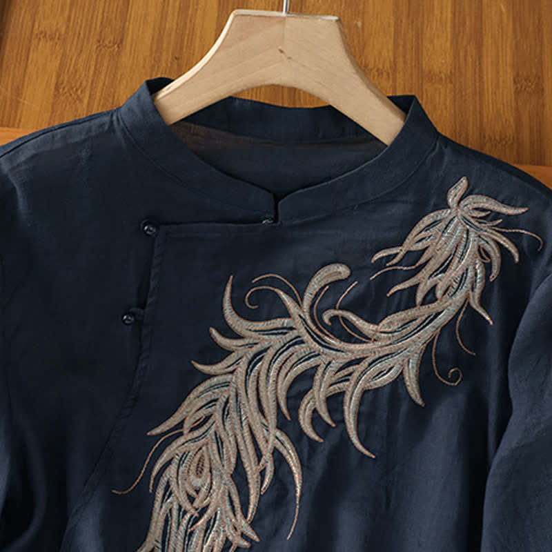 Nimara Ritual Spring Vintage Embroidered Feather Mandarin Collar Solid Women's Short Sleeve Shirt