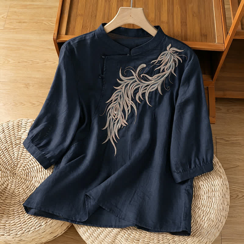 Nimara Ritual Spring Vintage Embroidered Feather Mandarin Collar Solid Women's Short Sleeve Shirt