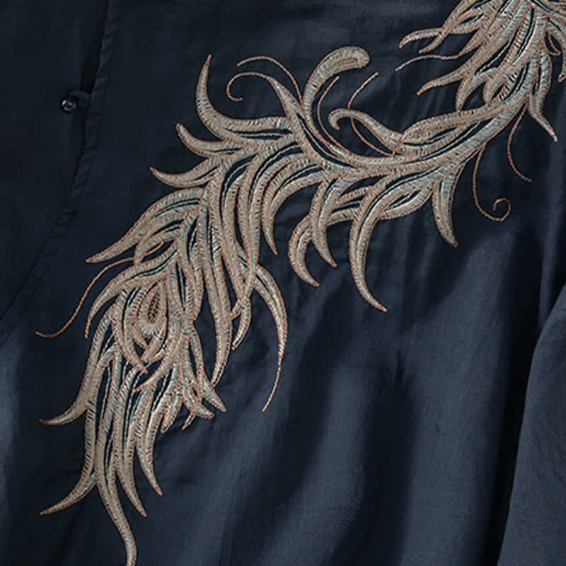 Nimara Ritual Spring Vintage Embroidered Feather Mandarin Collar Solid Women's Short Sleeve Shirt