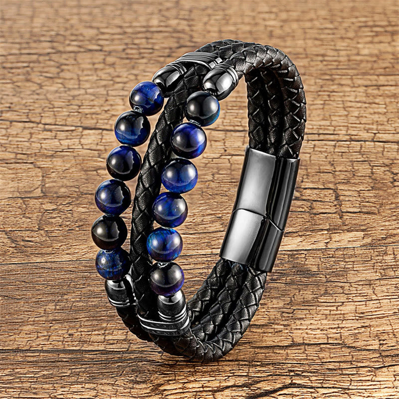 Nimara Ritual Tiger Eye Hematite Lava Rock Black Onyx Lazurite Lapis Lazuli Beads Protection Strength Leather Bracelet