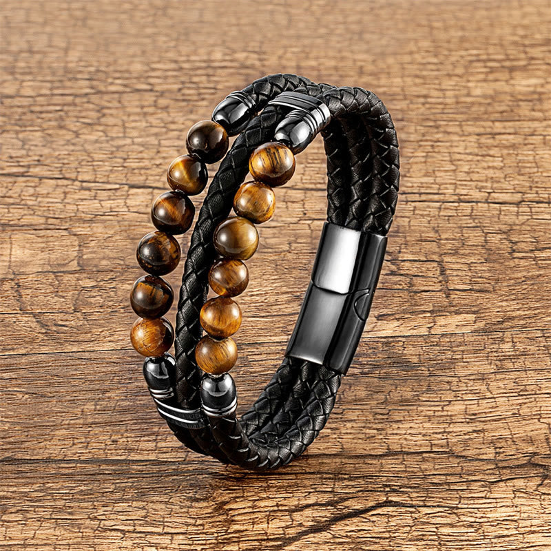 Nimara Ritual Tiger Eye Hematite Lava Rock Black Onyx Lazurite Lapis Lazuli Beads Protection Strength Leather Bracelet