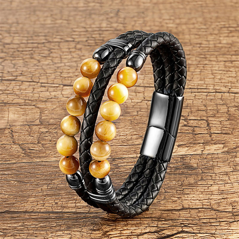 Nimara Ritual Tiger Eye Hematite Lava Rock Black Onyx Lazurite Lapis Lazuli Beads Protection Strength Leather Bracelet