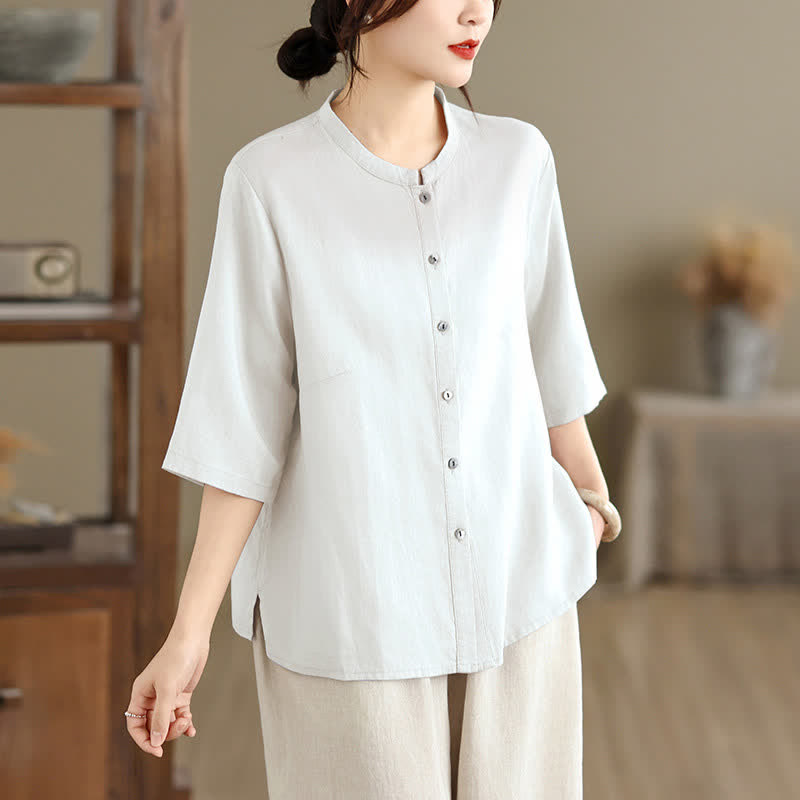 Nimara Ritual Summer Minimalist Button-Up Mandarin Collar Side Slit Solid Women's Short Sleeve Shirts