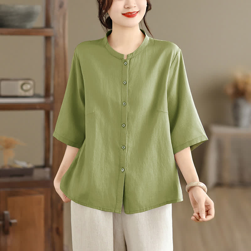 Nimara Ritual Summer Minimalist Button-Up Mandarin Collar Side Slit Solid Women's Short Sleeve Shirts