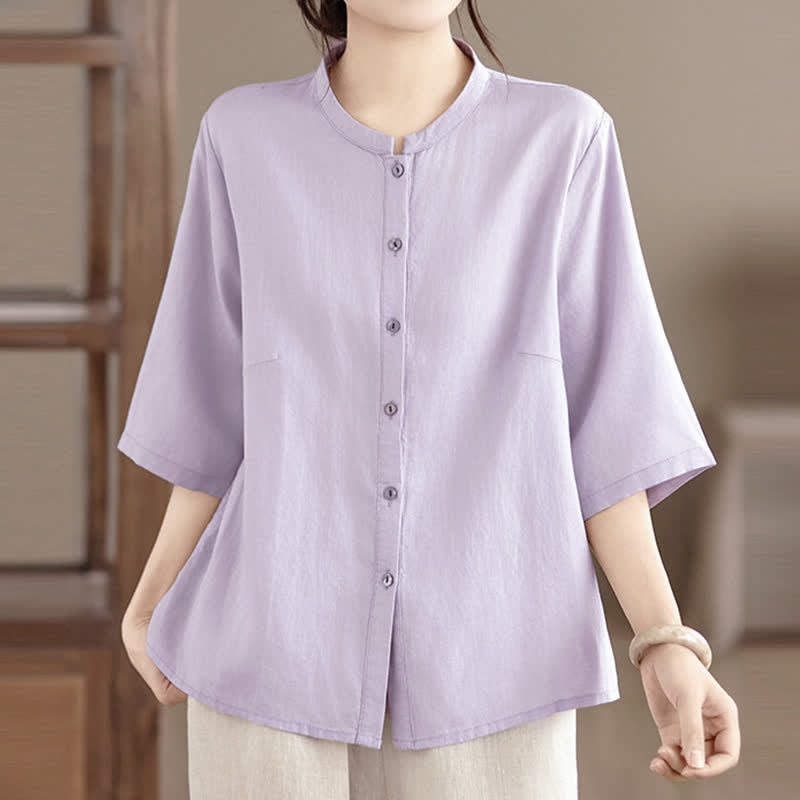 Nimara Ritual Summer Minimalist Button-Up Mandarin Collar Side Slit Solid Women's Short Sleeve Shirts