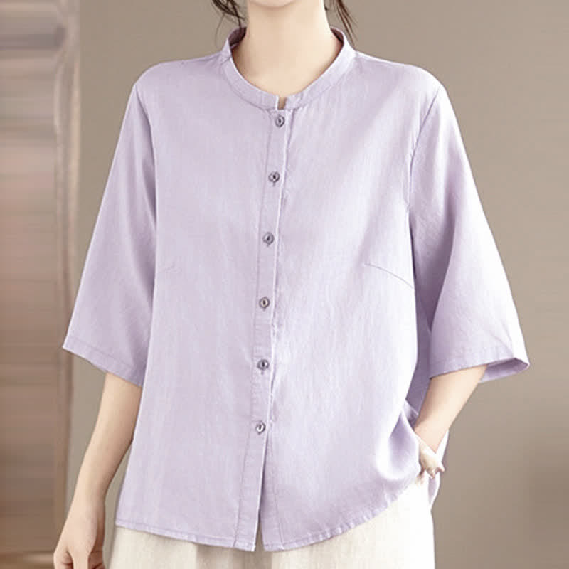 Nimara Ritual Summer Minimalist Button-Up Mandarin Collar Side Slit Solid Women's Short Sleeve Shirts