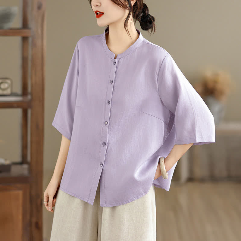 Nimara Ritual Summer Minimalist Button-Up Mandarin Collar Side Slit Solid Women's Short Sleeve Shirts