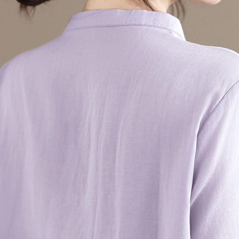 Nimara Ritual Summer Minimalist Button-Up Mandarin Collar Side Slit Solid Women's Short Sleeve Shirts
