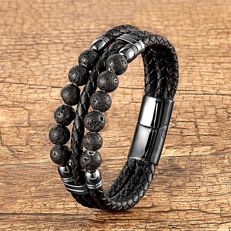 Nimara Ritual Tiger Eye Hematite Lava Rock Black Onyx Lazurite Lapis Lazuli Beads Protection Strength Leather Bracelet