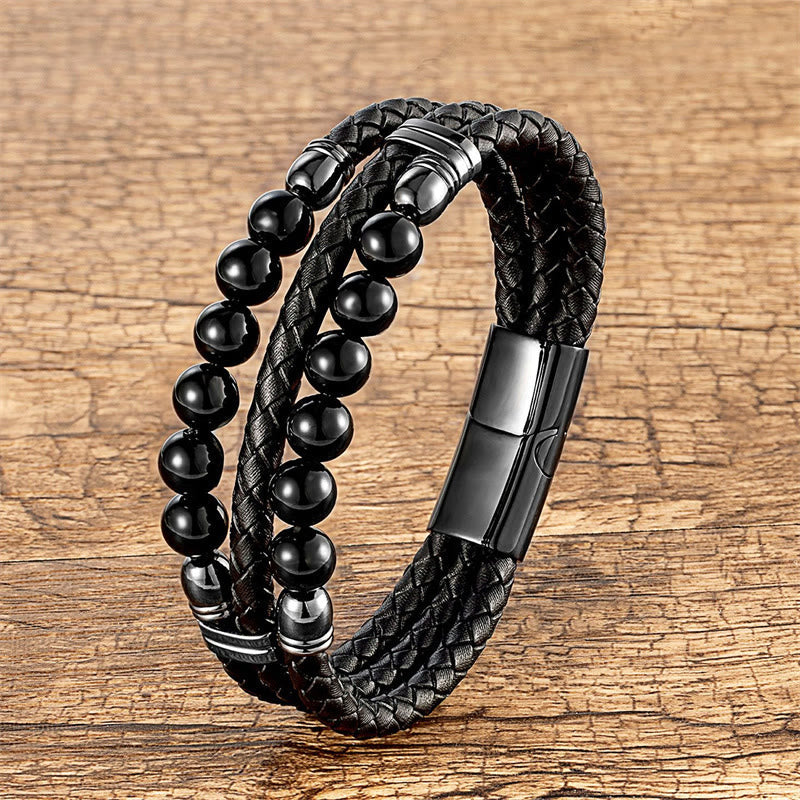 Nimara Ritual Tiger Eye Hematite Lava Rock Black Onyx Lazurite Lapis Lazuli Beads Protection Strength Leather Bracelet
