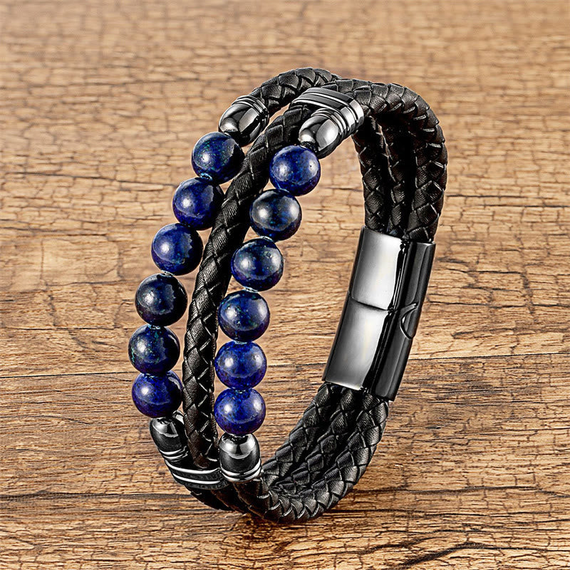Nimara Ritual Tiger Eye Hematite Lava Rock Black Onyx Lazurite Lapis Lazuli Beads Protection Strength Leather Bracelet